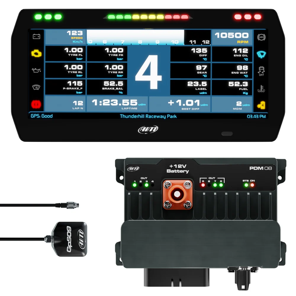AiM Sports PDM08 with 10" Road / Street Icons Display GPS Logger Kit