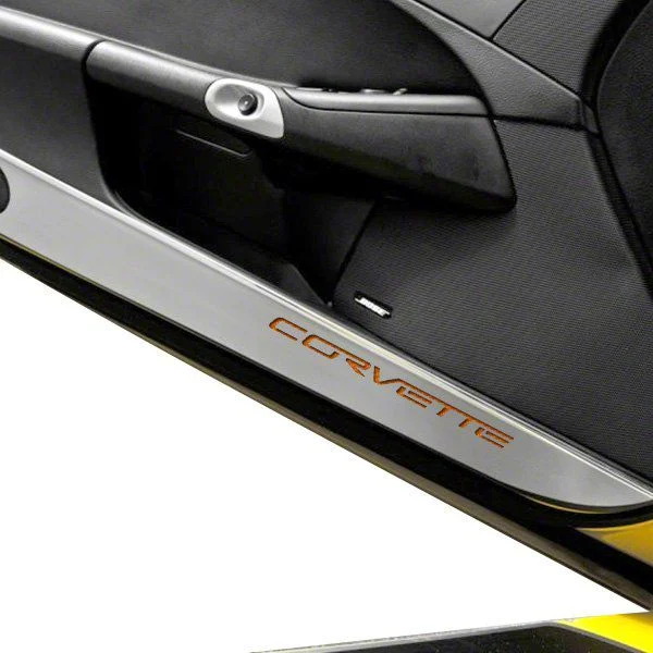 Door Guards with Corvette Inlay; Orange Carbon Fiber (05-13 Corvette C6)