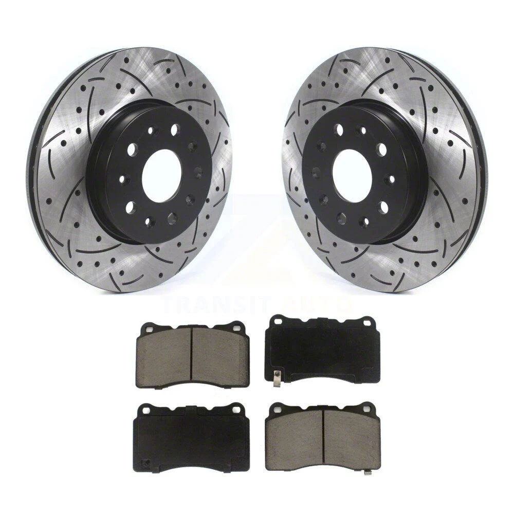 Drilled and Slotted Brake Rotor and Ceramic Pad Kit; Front (16-24 Camaro LS & LT w/ 4-Piston Front Calipers; 2020 Camaro LT1)