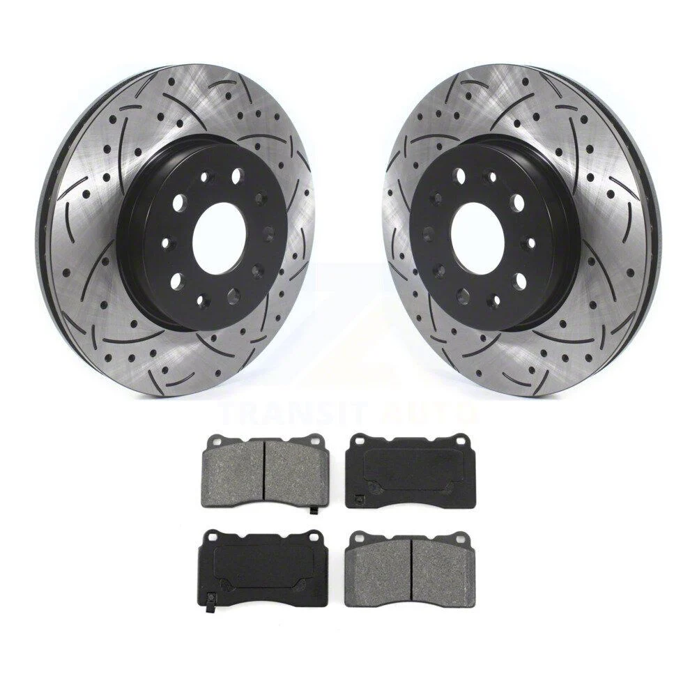 Drilled and Slotted Brake Rotor and Semi-Metallic Pad Kit; Front (16-24 Camaro LS & LT w/ 4-Piston Front Calipers; 2020 Camaro LT1)
