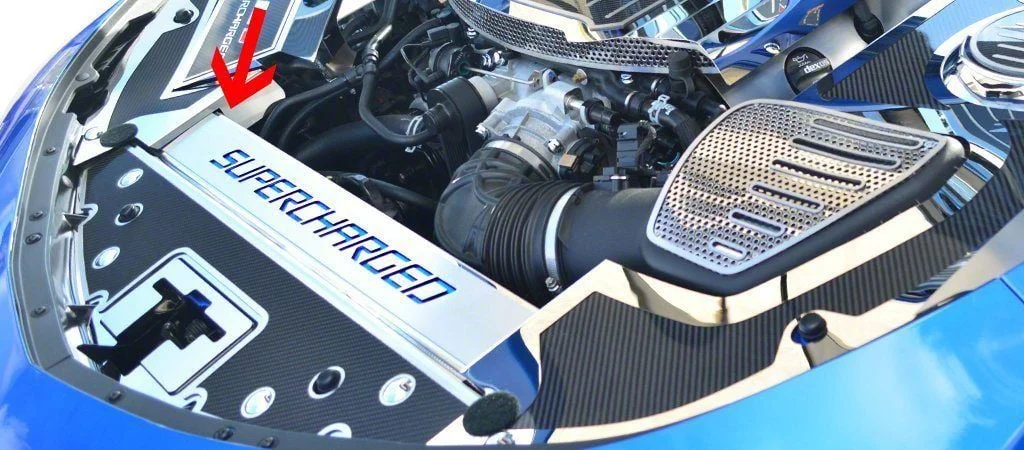 Front Header Plate with Supercharged Lettering; Carbon Fiber (16-24 V6, V8 Camaro)