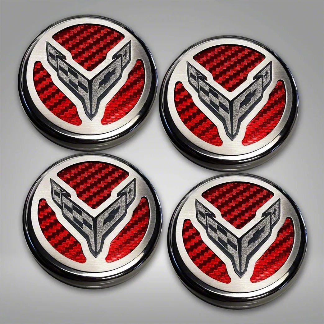 Engine Caps with Crossed Flags Logo; Red Carbon Fiber (20-26 Corvette C8 Coupe)
