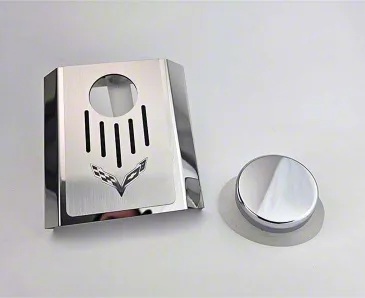 Master Cylinder Cover and Cap with Crossed Flags Logo and Ribbed Slots; Solid Black (14-19 Corvette C7 w/ Automatic Transmission)