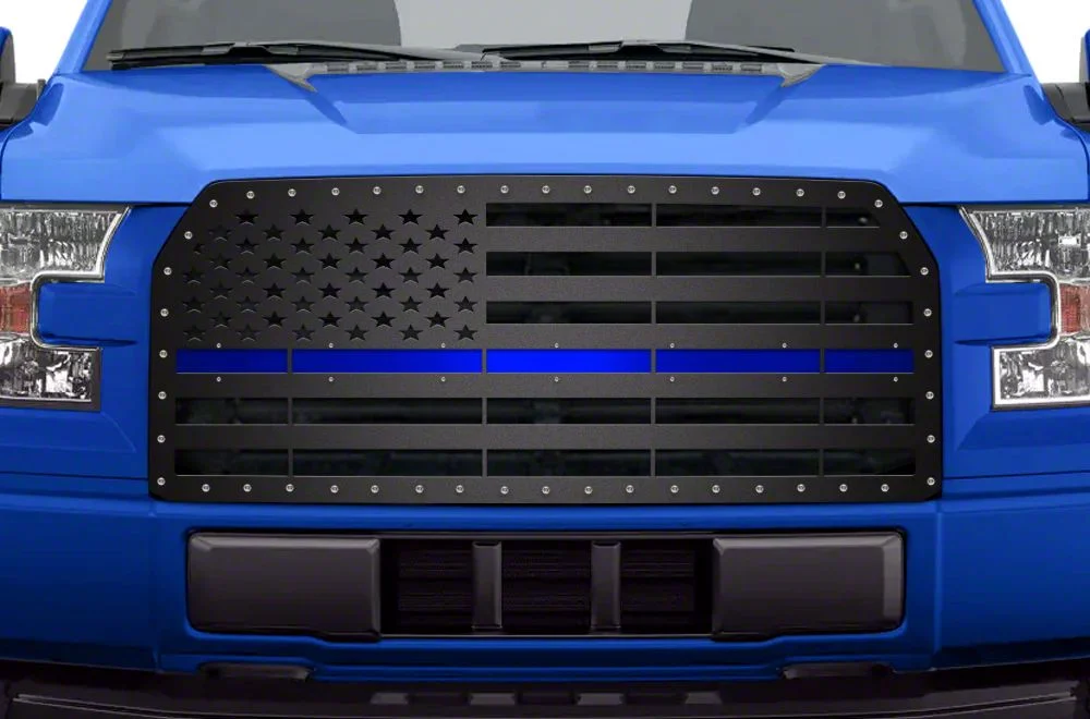 1-Piece Steel Upper Replacement Grille; American Flag with Blue Acrylic Underlay (15-17 F-150, Excluding Raptor)