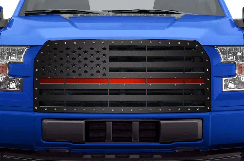 1-Piece Steel Upper Replacement Grille; American Flag with Red Acrylic Underlay (15-17 F-150, Excluding Raptor)