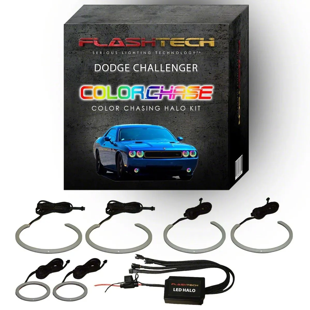 Flashtech ColorChase External Waterproof LED Halo Headlight and Fog Light Kit; RGB (08-14 Challenger)