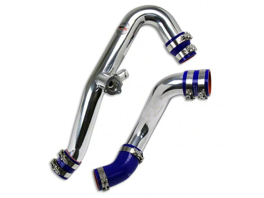 Intercooler Hot and Cold Side Charge Pipes with Blue Hoses; Polished (15-23 Mustang EcoBoost)
