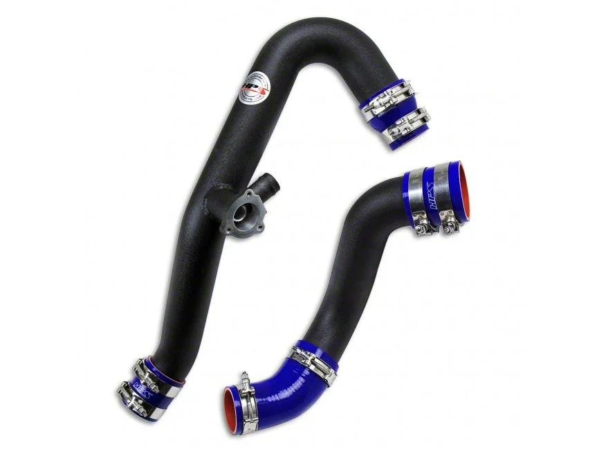 Intercooler Hot and Cold Side Charge Pipes with Blue Hoses; Wrinkle Black (15-23 Mustang EcoBoost)