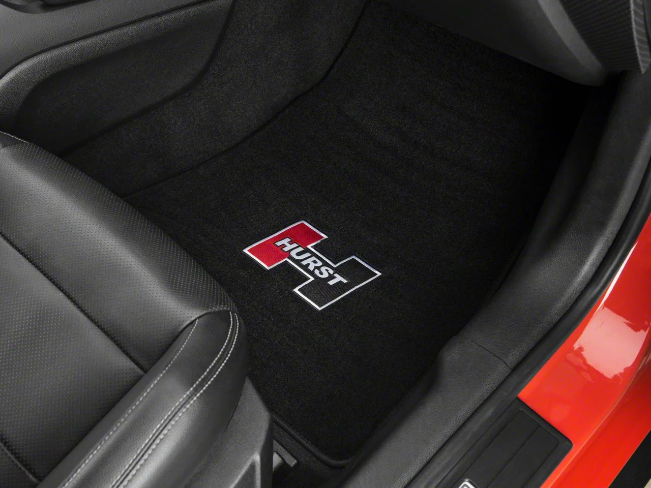 Hurst Elite Series Front and Rear Floor Mats with Red Hurst Logo; Black (15-24 Mustang)