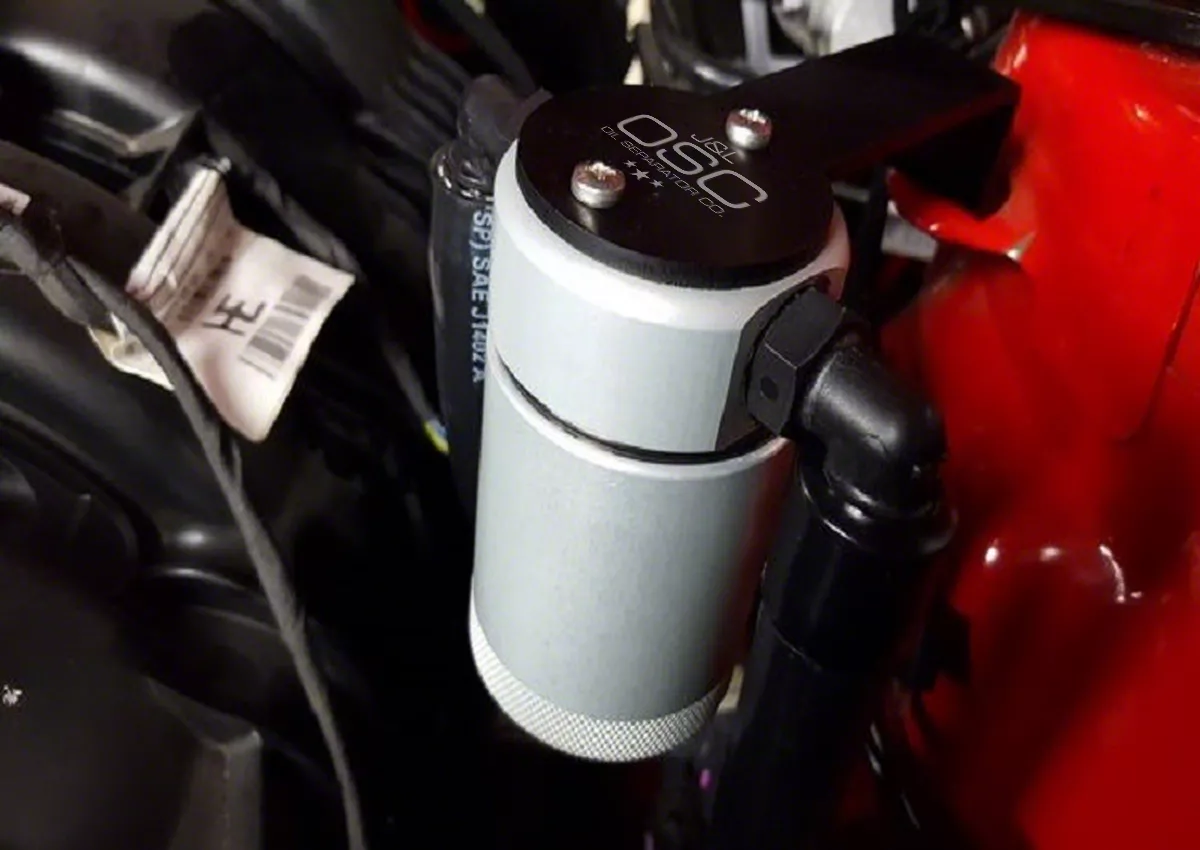 J&L 3.0 Oil Separator; Clear/Satin Anodized; Driver Side (15-23 Mustang EcoBoost)