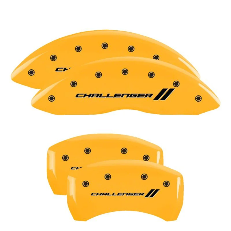 MGP Brake Caliper Covers with Challenger Stripes Logo; Yellow; Front and Rear (2011 Challenger SE; 11-14 Challenger R/T w/ Single Piston Front Calipers; 12-23 Challenger SXT w/ Single Piston Front Calipers)