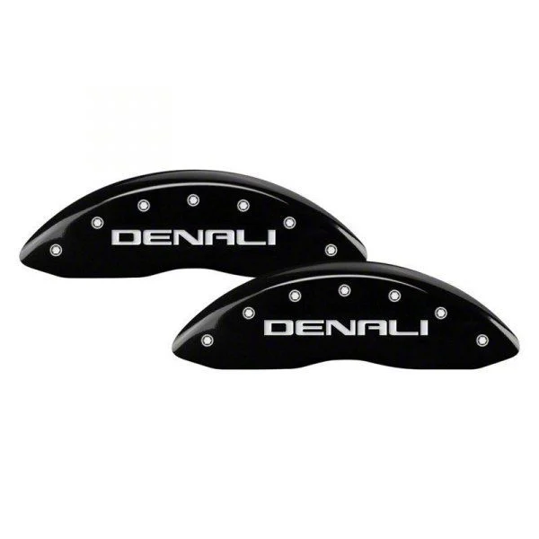 MGP Brake Caliper Covers with Denali Logo; Black; Front and Rear (20-26 Sierra 3500 HD SRW)