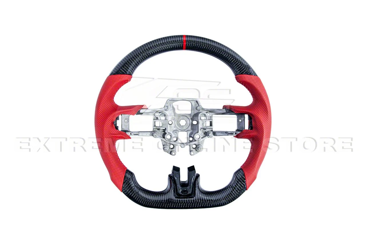 Factory Style Perforated Leather Steering Wheel without Button Covers; Carbon Fiber with Red Strip (15-17 Mustang w/o Heated Steering Wheel)