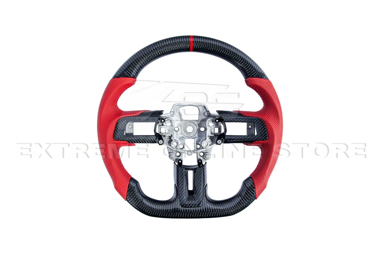 Factory Style Perforated Leather Steering Wheel with Button Covers; Carbon Fiber with Red Strip (15-17 Mustang w/o Heated Steering Wheel)