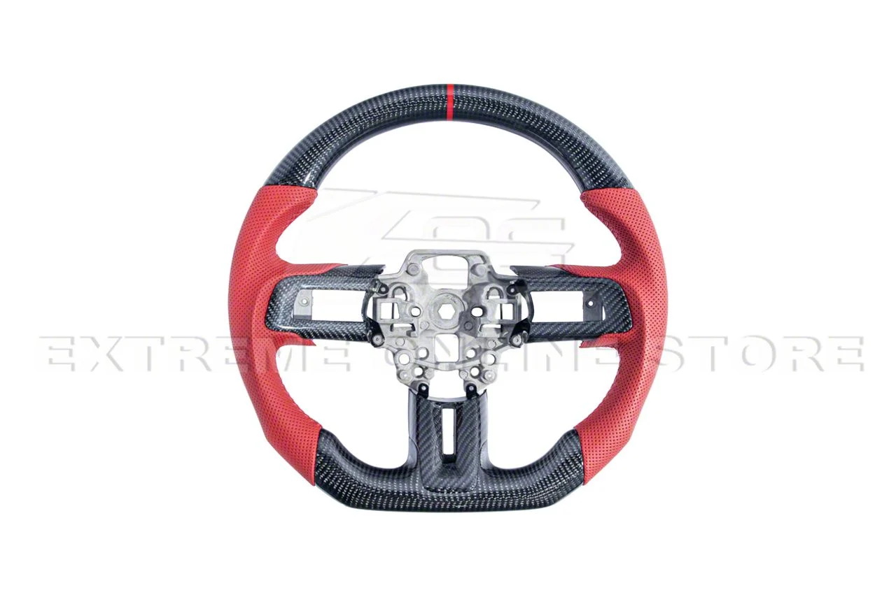 Factory Style Perforated Leather Steering Wheel with Button Covers; Carbon Fiber with Red Strip (18-23 Mustang w/o Heated Steering Wheel)