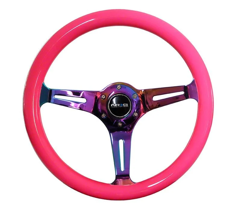 NRG Innovations Classic Wood Grain 350mm Steering Wheel; Neochrome and Neon Pink (Universal; Some Adaptation May Be Required)