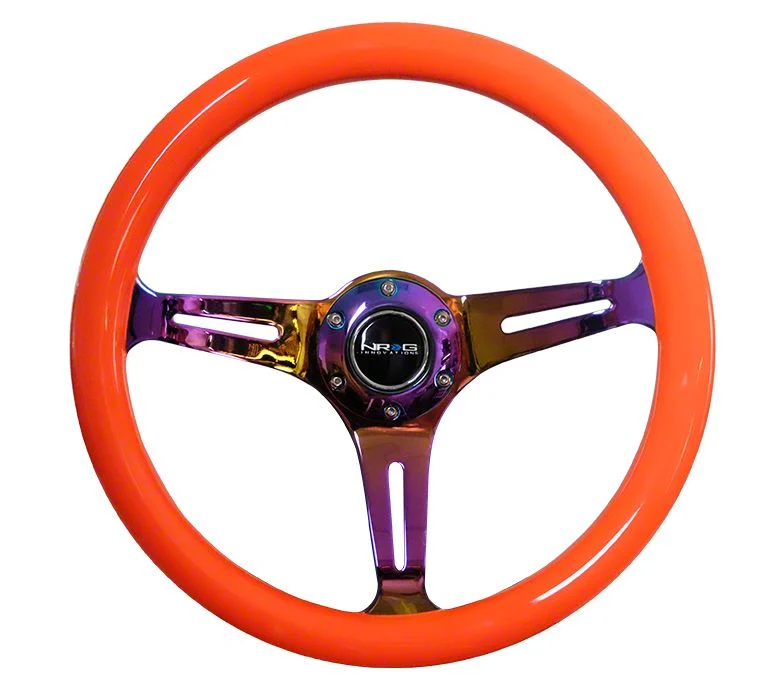NRG Innovations Classic Wood Grain 350mm Steering Wheel; Neochrome and Neon Orange (Universal; Some Adaptation May Be Required)