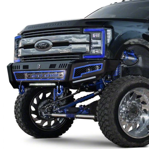 Road Armor iDentity Beauty Ring Front Bumper with Shackles, Double Cube Light Pods; Textured Black (20-23 Silverado 2500 HD)
