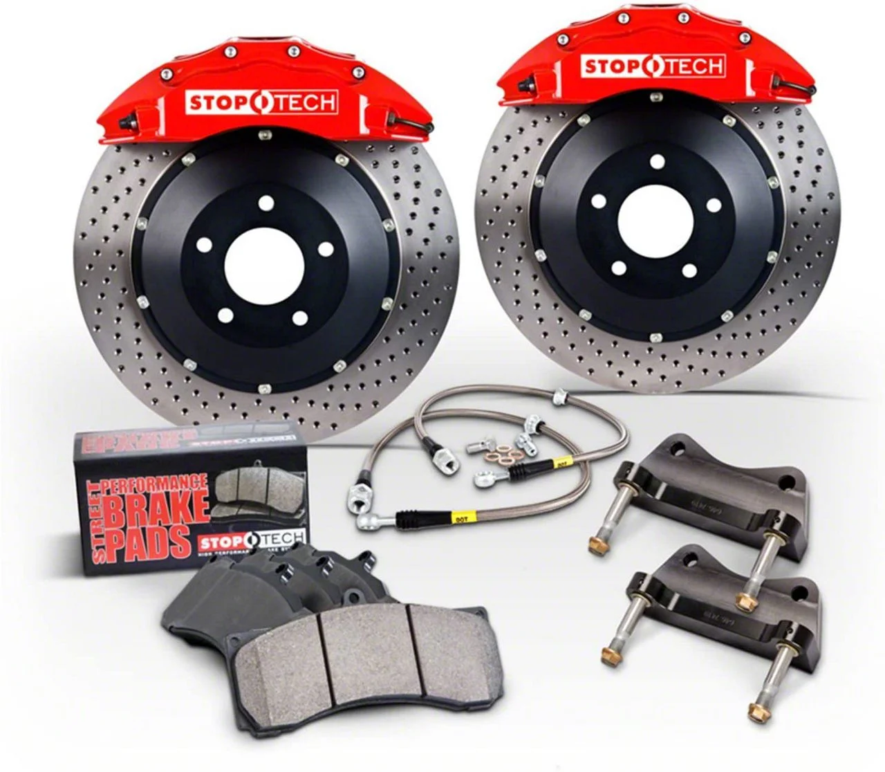 StopTech ST-41 Trophy Sport Drilled Coated 2-Piece Rear Big Brake Kit; Silver Calipers (10-15 Camaro SS, ZL1)