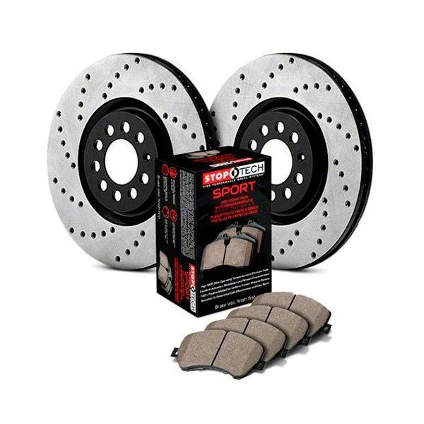 StopTech Sport Axle Drilled Brake Rotor and Pad Kit; Rear (06-14 Charger SRT8; 15-17 Charger Scat Pack; 2017 Charger R/T 392; 18-23 Charger w/ 4-Piston Front Calipers)