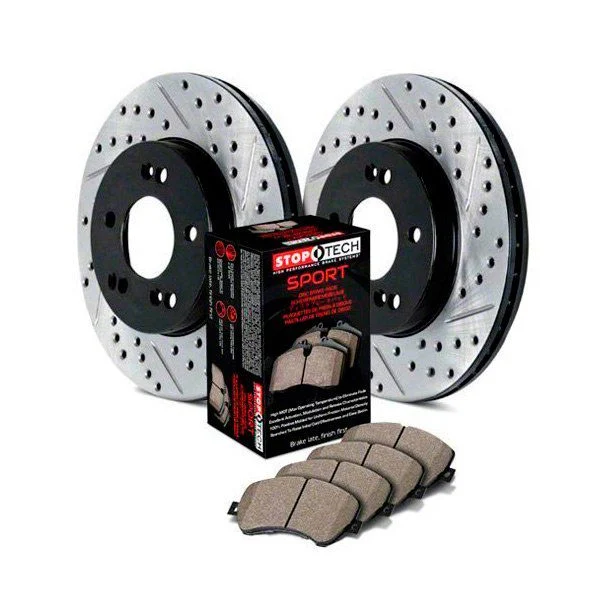 StopTech Sport Axle Slotted and Drilled Brake Rotor and Pad Kit; Rear (14-19 Corvette Stingray C7 w/o Z07 Brake Package)