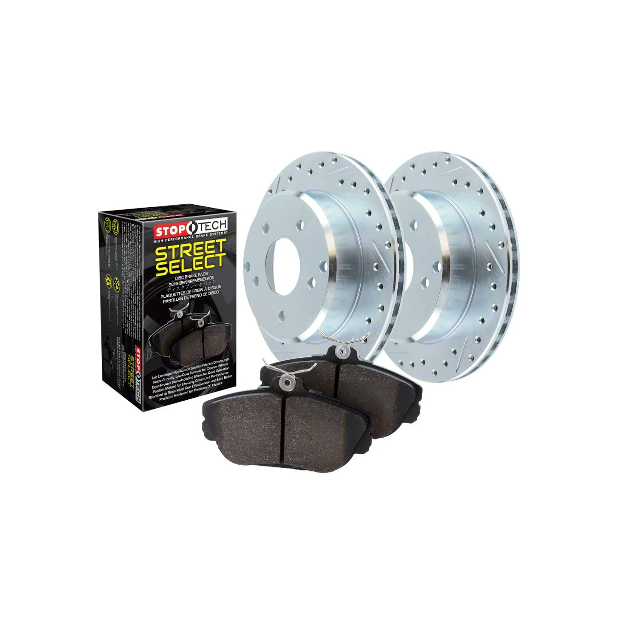 StopTech Sport Axle Drilled and Slotted Brake Rotor and Pad Kit; Front (11-14 Mustang GT w/ Performance Pack; 12-13 Mustang BOSS 302; 07-12 Mustang GT500)