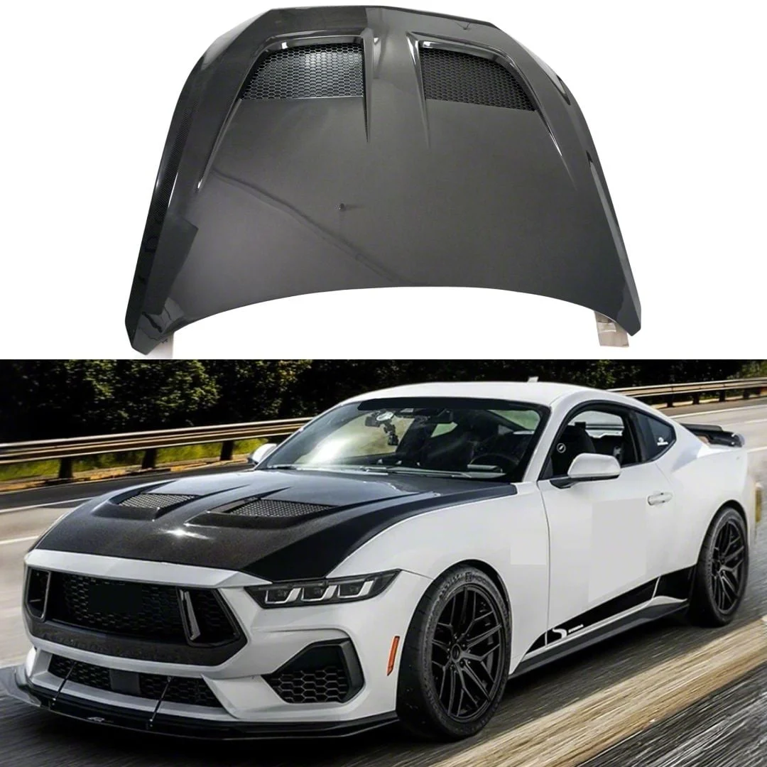 SuperAutoUSA GTD Style Vented Hood; Carbon Fiber (24-26 Mustang)