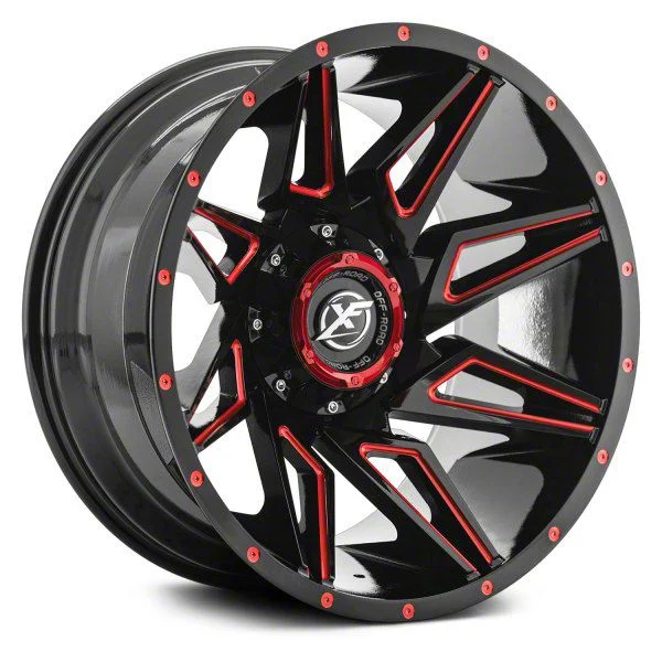XF Offroad XF-218 Gloss Black Red Milled 5-Lug Wheel; 20x12; -44mm Offset (02-08 RAM 1500, Excluding Mega Cab)
