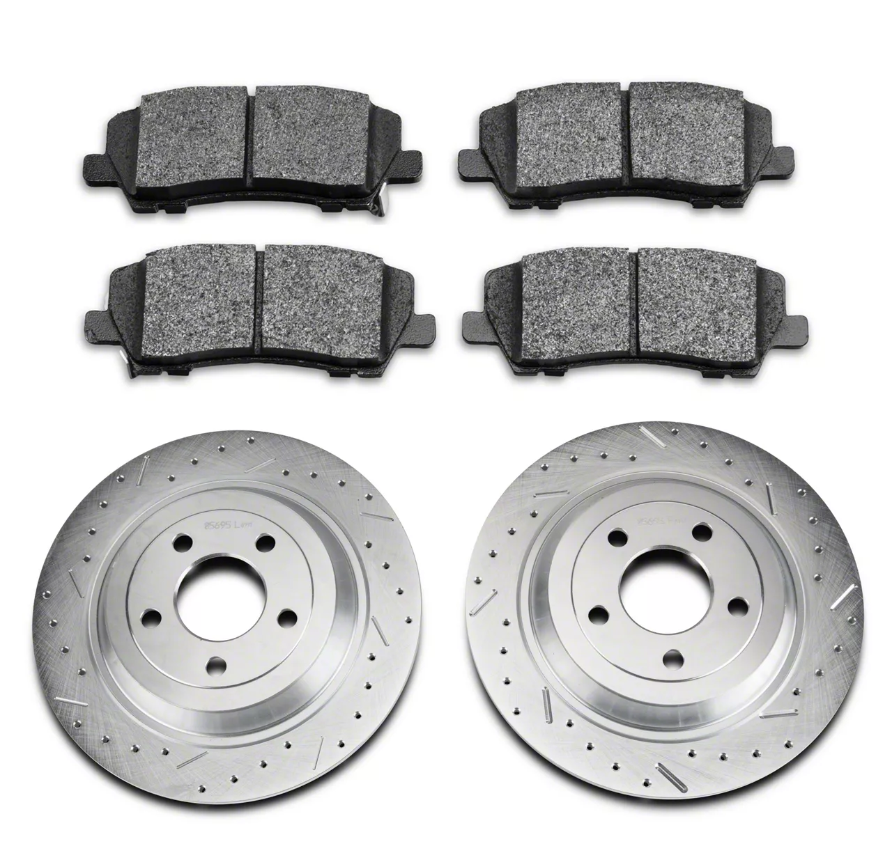 Xtreme Stop Precision Cross-Drilled and Slotted Brake Rotor and Carbon Graphite Pad Kit; Rear (15-23 Mustang GT w/o Performance Pack, EcoBoost w/o Performance Pack, V6)