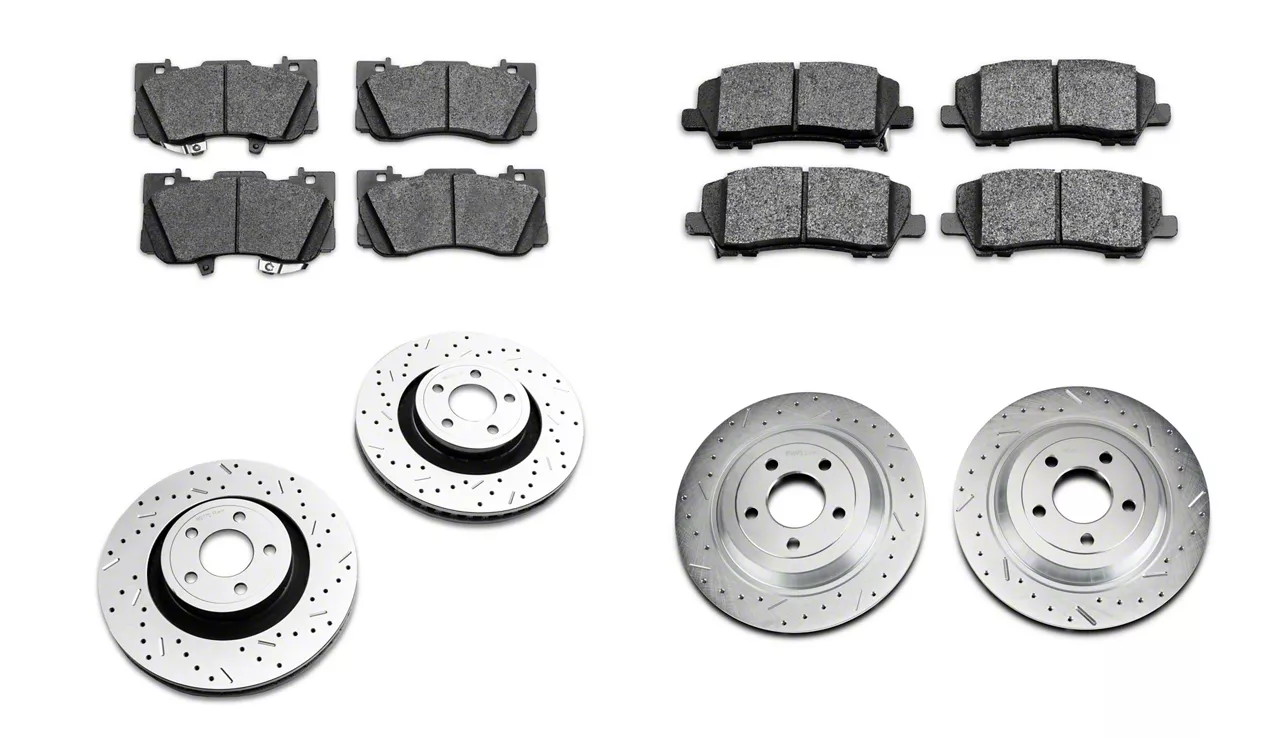 Xtreme Stop Precision Cross-Drilled and Slotted Brake Rotor and Carbon Graphite Pad Kit; Front and Rear (15-23 Mustang GT w/o Performance Pack)