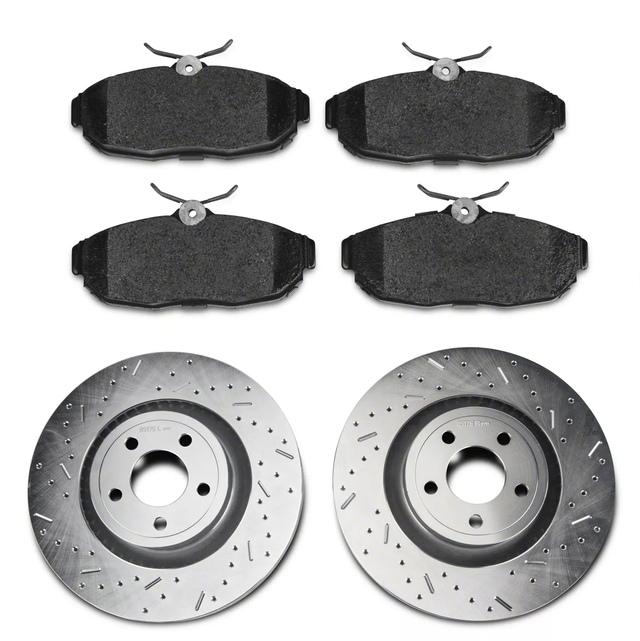 Xtreme Stop Precision Cross-Drilled and Slotted Brake Rotor and Carbon Graphite Pad Kit; Rear (15-23 Mustang GT w/ Performance Pack, EcoBoost w/ Performance Pack)
