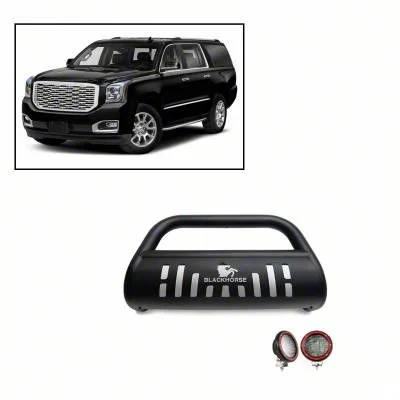 Bull Bar with 5.30-Inch Red Round Flood LED Lights; Black (07-20 Yukon)